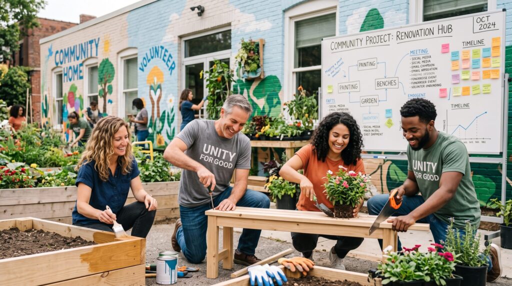 Diverse group of small business employees collaborating side-by-side on a local community initiative.